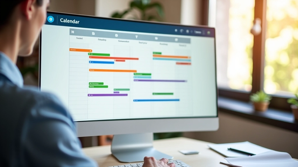 Digitale kalender op computer scherm met kleurgecodeerde blokken, taakindeling zichtbaar