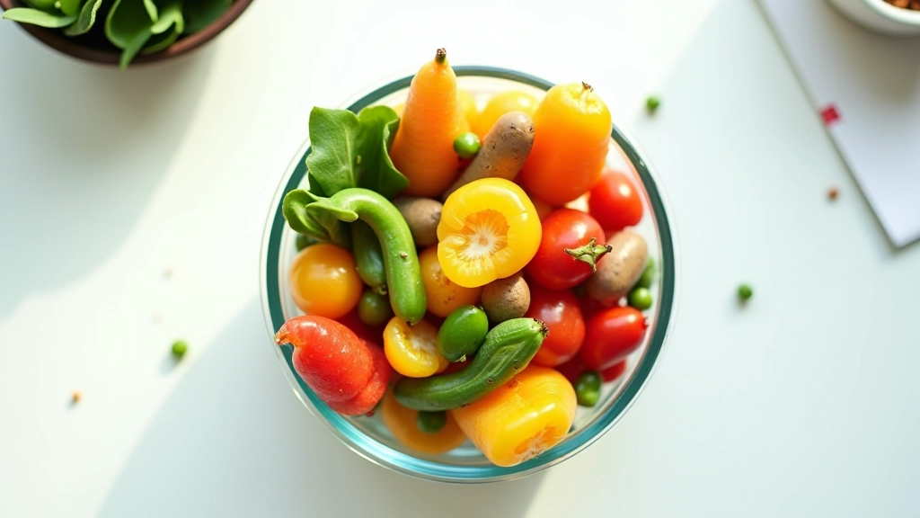 Bovenaanzicht van voedzame lunch in glazen container met groenteningrediënten - kantoortafel, middag zonlicht, scherpe focus