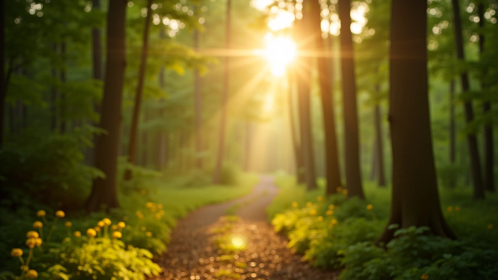 Bos omgeving met zonlicht, groene natuur, bomen, frisse buitenlucht, vredige setting
