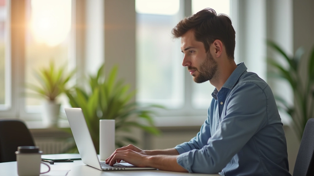 Kantoor met persoon die aan bureau werkt, ochtendlicht door raam, gefocust moment