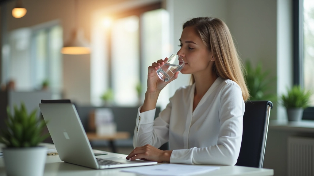 Close-up van iemand die water drinkt aan een bureau, frisse drank, heldere glazen, kantoor setting