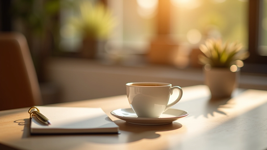 Koffiekopje op kantoor, warm drank, rust moment, kopje op bureau met naam erop