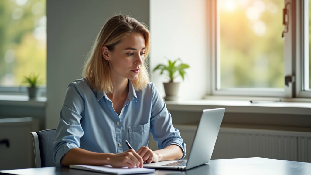 Persoon werkt gefocust aan bureau in ochtendlicht, toont productieve werksfeer